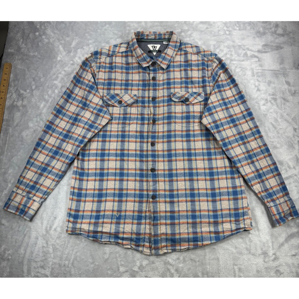VISSLA Central Coast ECO Flannel Shirt Mens XL Blue Orange Organic Cotton Plaid - Picture 2 of 13